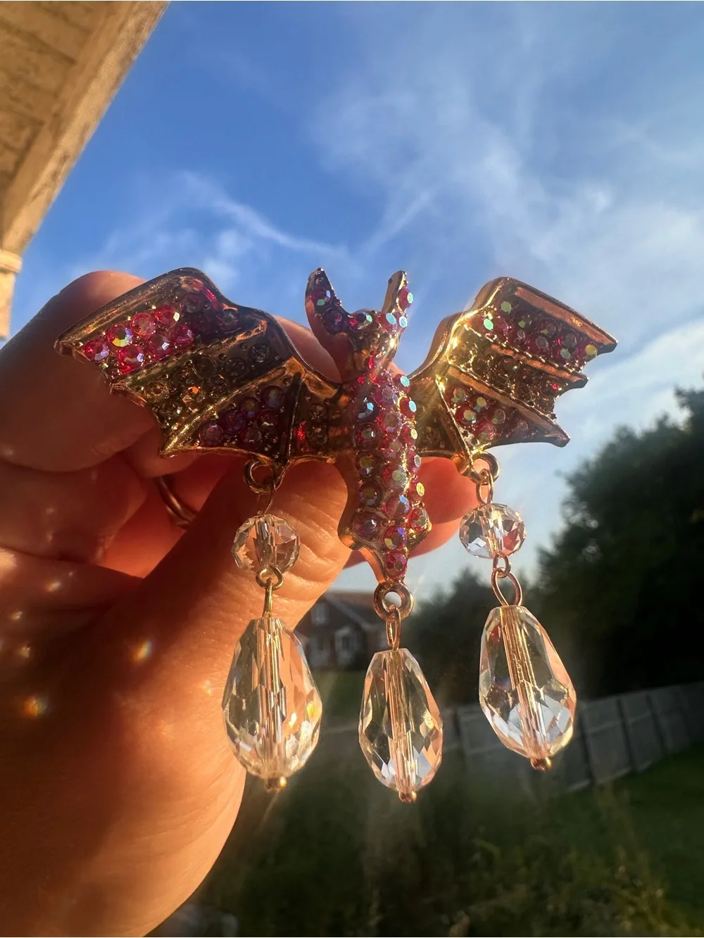 Gothic Bat Crystal Brooch Pin in Iridescent Red